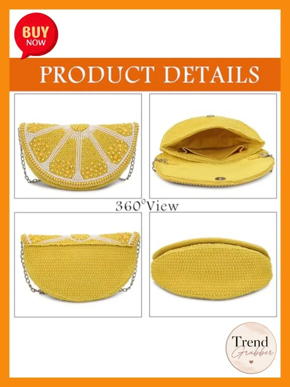 Beaded Lemon Slice Clutch Purse with Chain Strap, Novelty Fruit Design